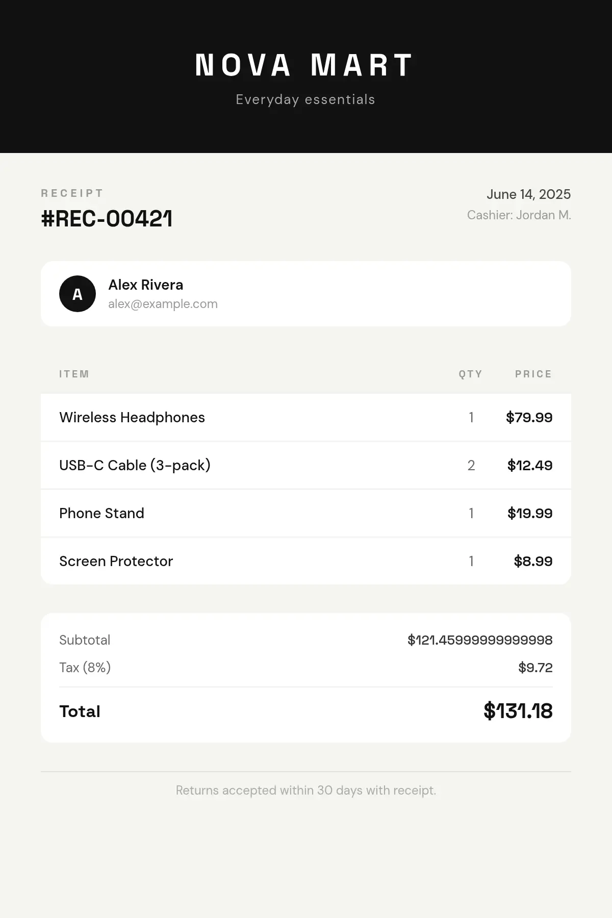 Receipt template preview