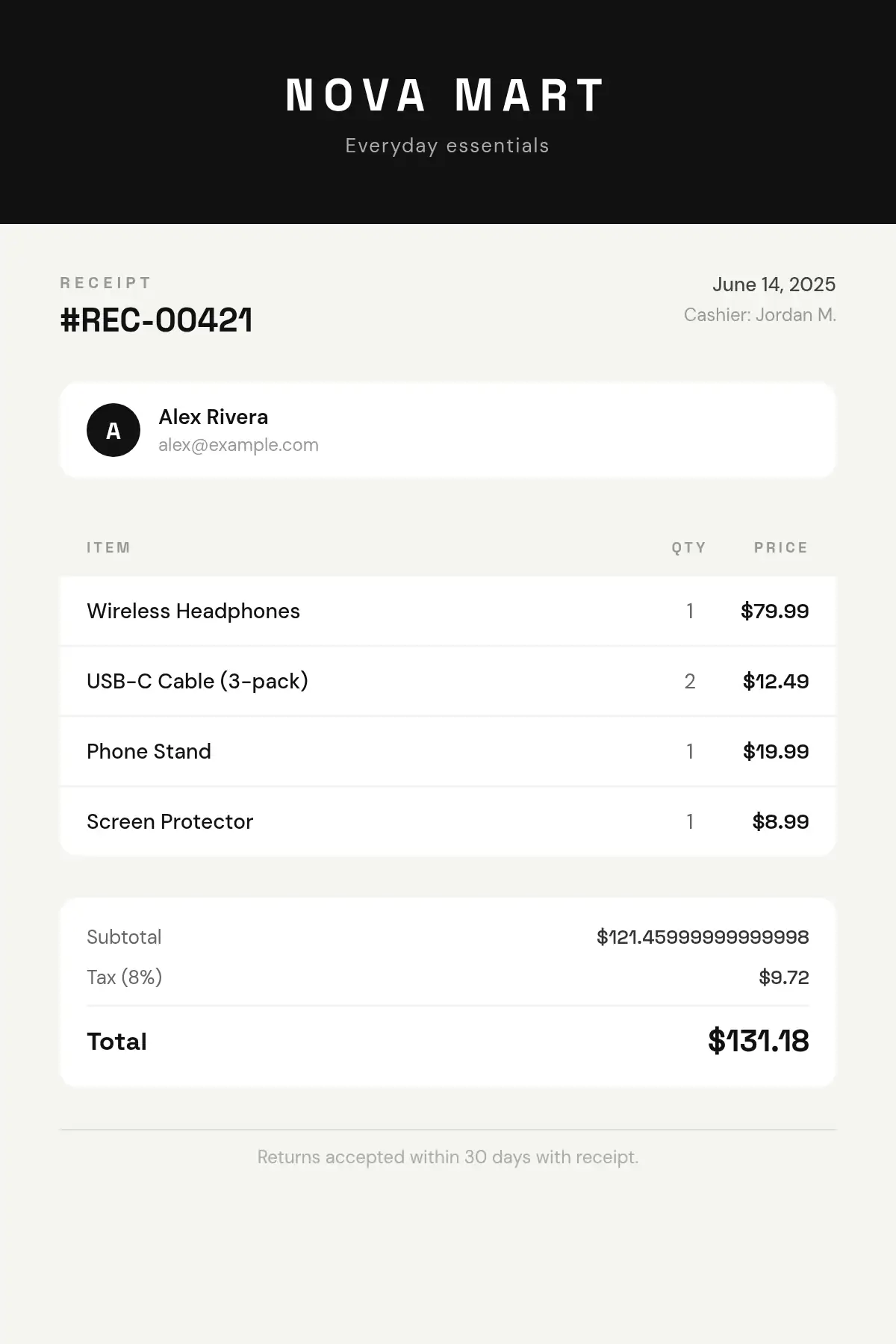 Receipt template preview